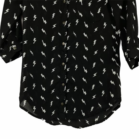 Bongo Black & White Lightning Bolt Print Sheer 3/4 Roll-Tab Sleeves Top - XS - Picture 4 of 12